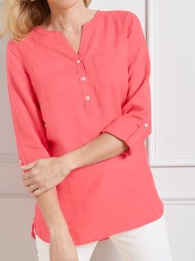 Talbots Side Button 100% Linen Band Collar Popover Roll tab sleeves Size 3x EUC